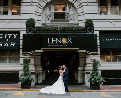 Bride and Groom outside Lenox Hotel