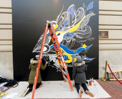 The Montague sisters working on the Marathon Mural