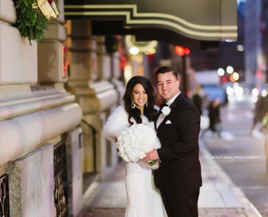 Bride and Groom outside Lenox Hotel